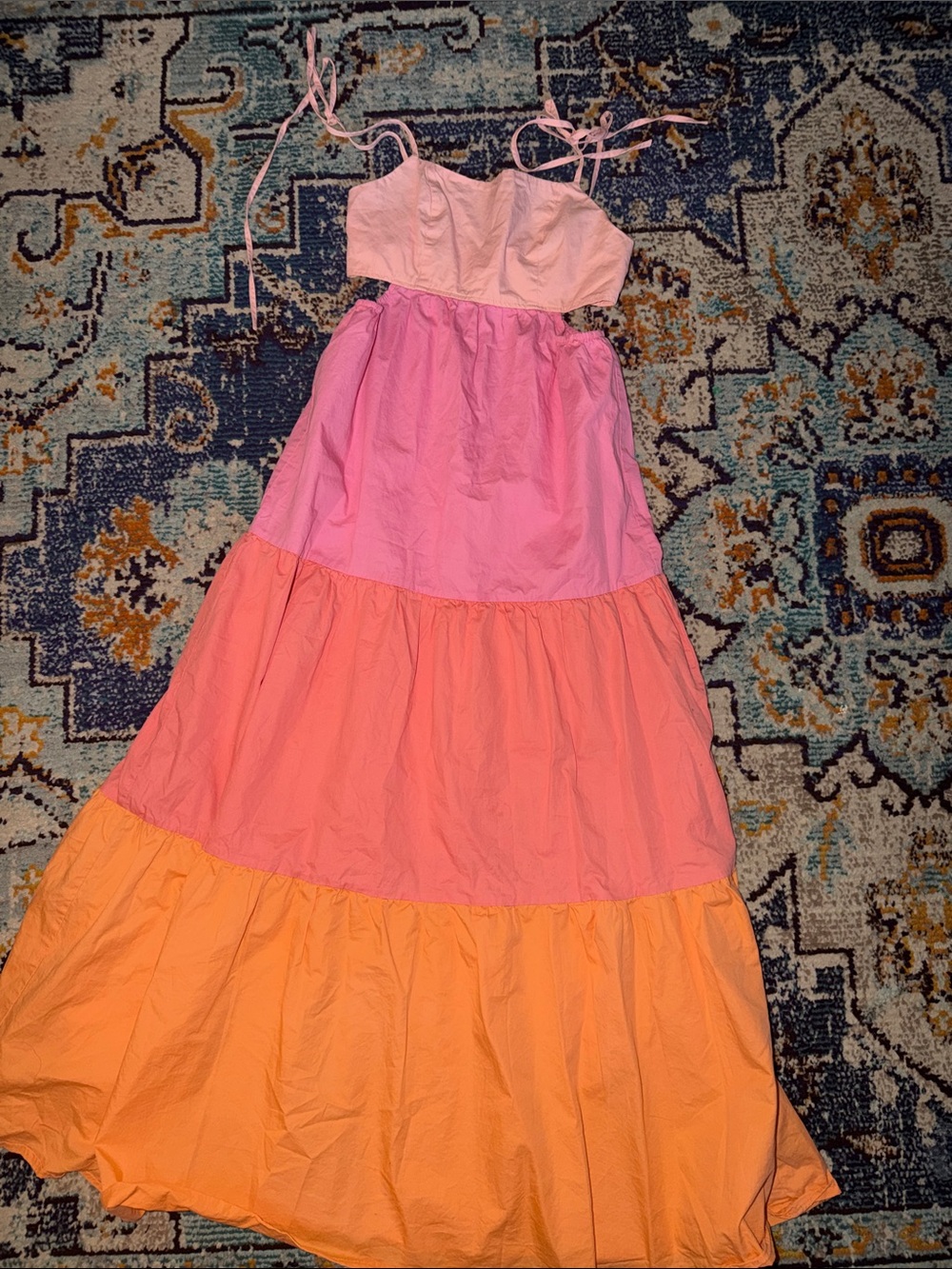 Altered state Tiered Pink-Orange Womens Maxi Dress with Tie Straps